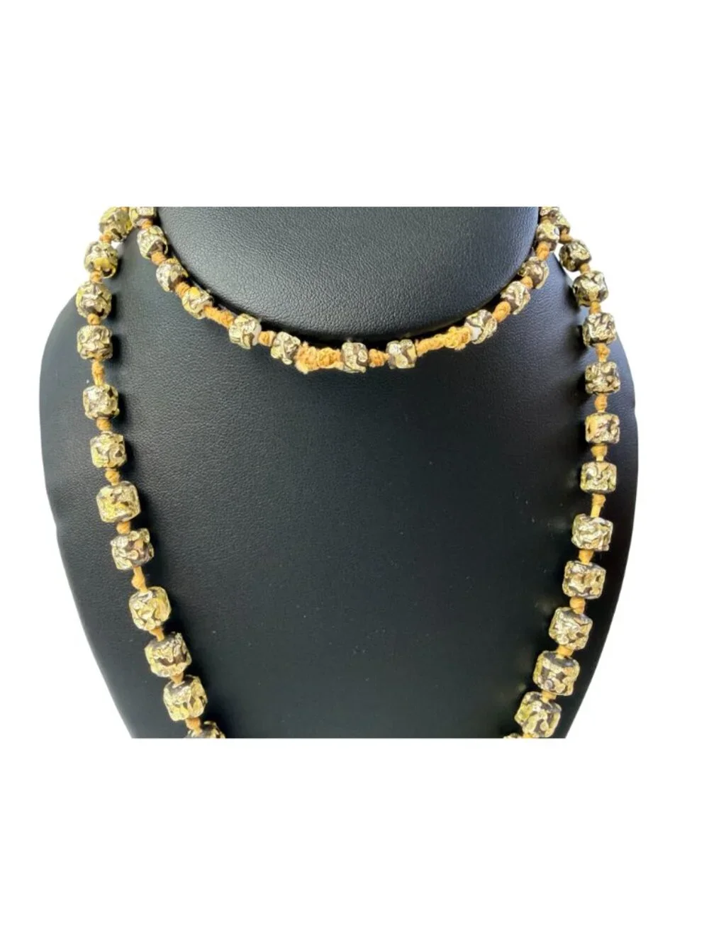 Vintage Murano Chunky Knotted Resin Prayer Bead Necklace Gold Foil Black 32" - Picture 10 of 11